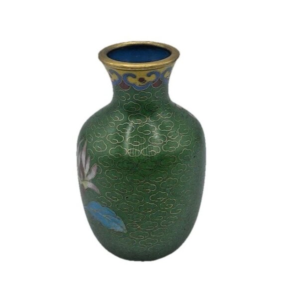 Vintage Cloisonné Bud Vase 3" Green Enamel Brass Floral Design Miniature Retro - Picture 2 of 9